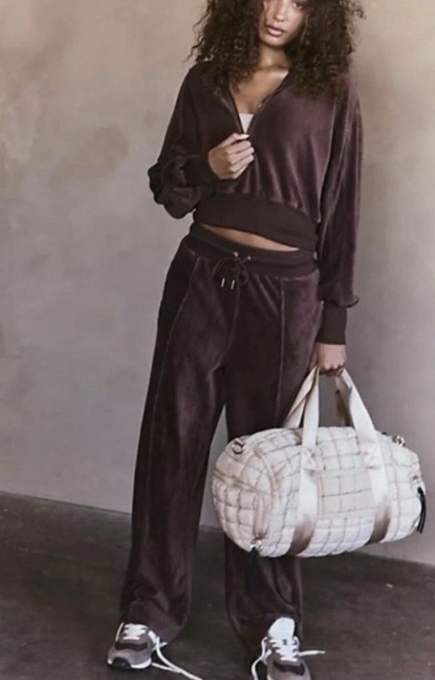 Free People Movement Let's Brown Volley Velour Set Hoodie Wide Leg Track Pants M